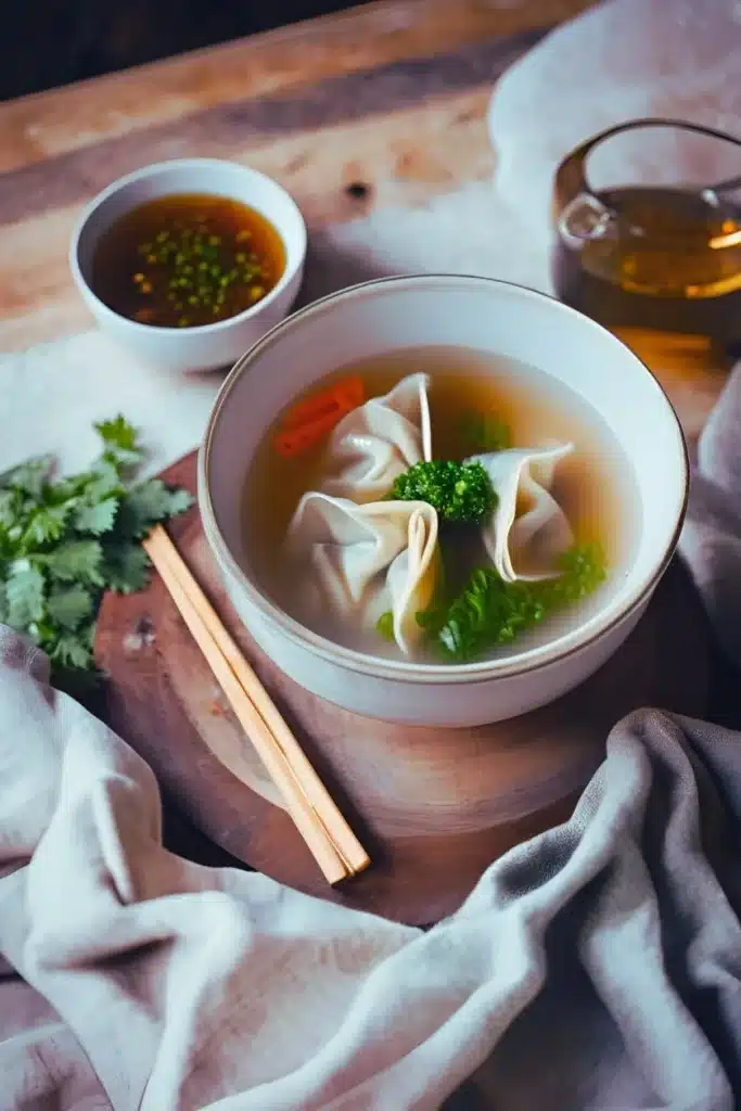 bowl of wonton soup placed on a rustic wooden table Cozy Wonton