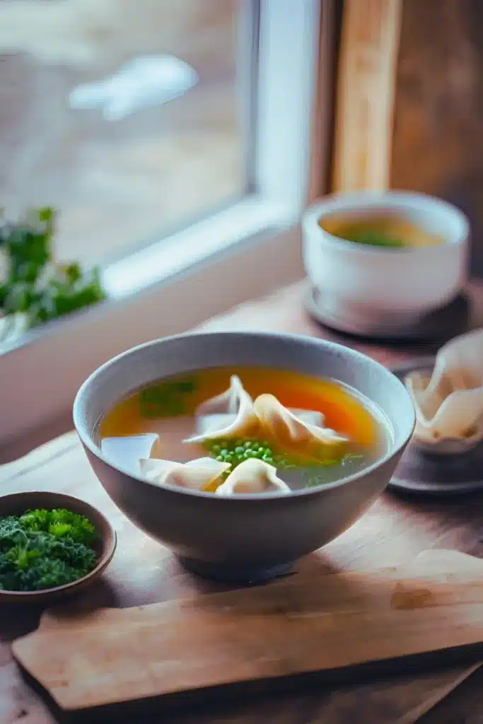 steaming bowl of wonton soup placed on a rustic wooden table
