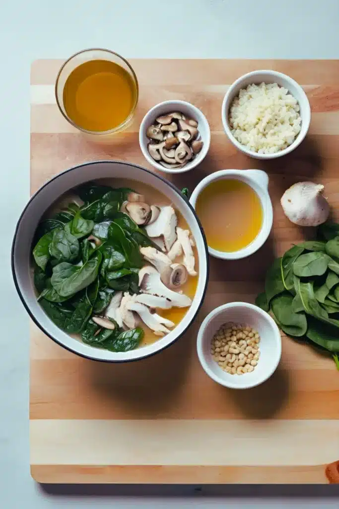 variety of ingredients like chicken, mushrooms, and spinach on a cutting board beside a steaming bowl of soup