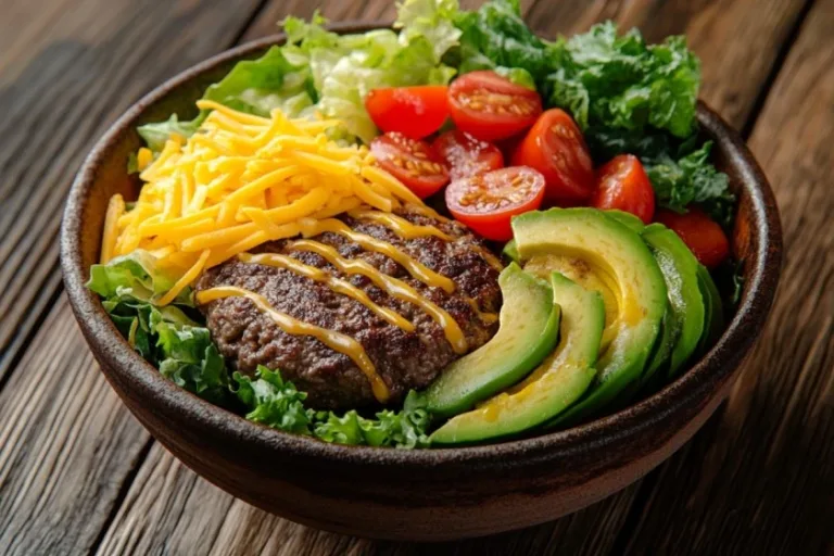 Deconstructed burger bowl with fresh ingredients including beef patty, avocado, and vegetables.