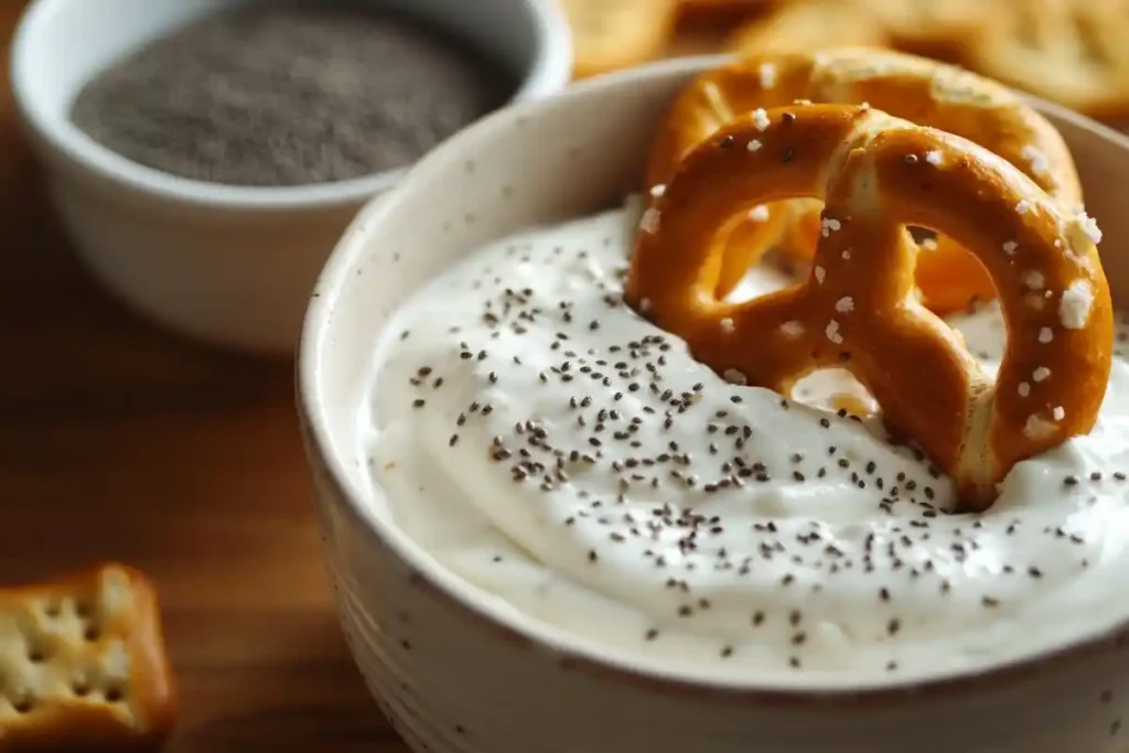 Pretzels being dipped in yogurt