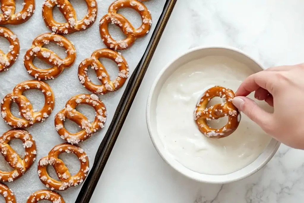 Dipping pretzels in yogurt