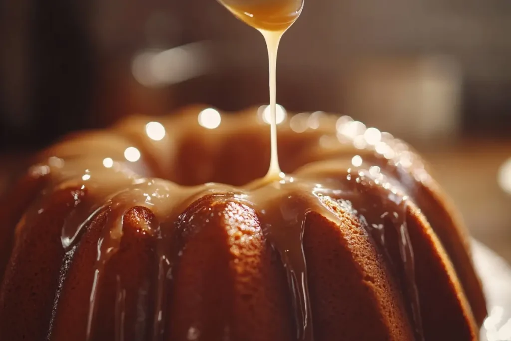 How do you turn frosting into a glaze?Bundt cake with caramel glaze dripping down the sides