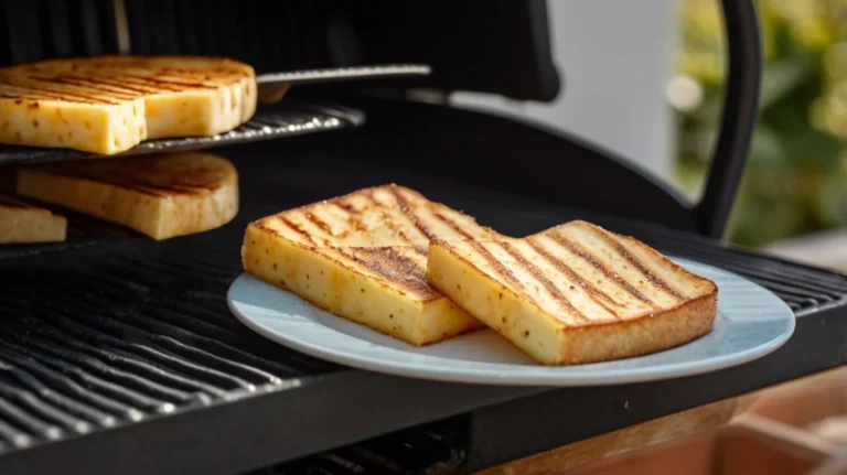 Slices of grilling cheese on a grill