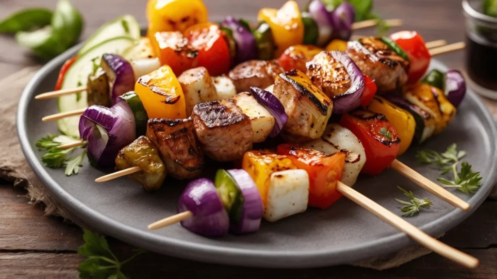 Halloumi and vegetable skewers on grill