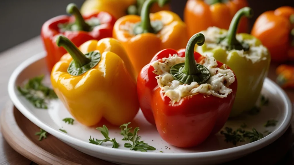 Close up of cheese-stuffed bell peppers on the grill