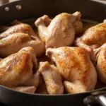 Frozen chicken cooking in a pan