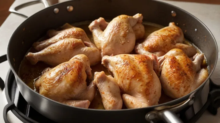 Frozen chicken cooking in a pan