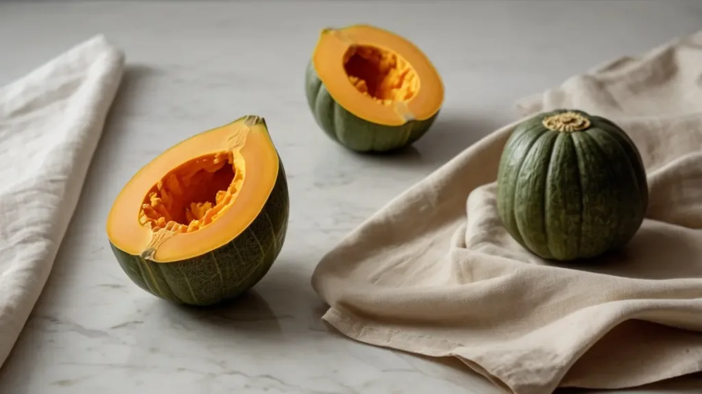 Freshly cut kabocha squash wedges on a cutting board