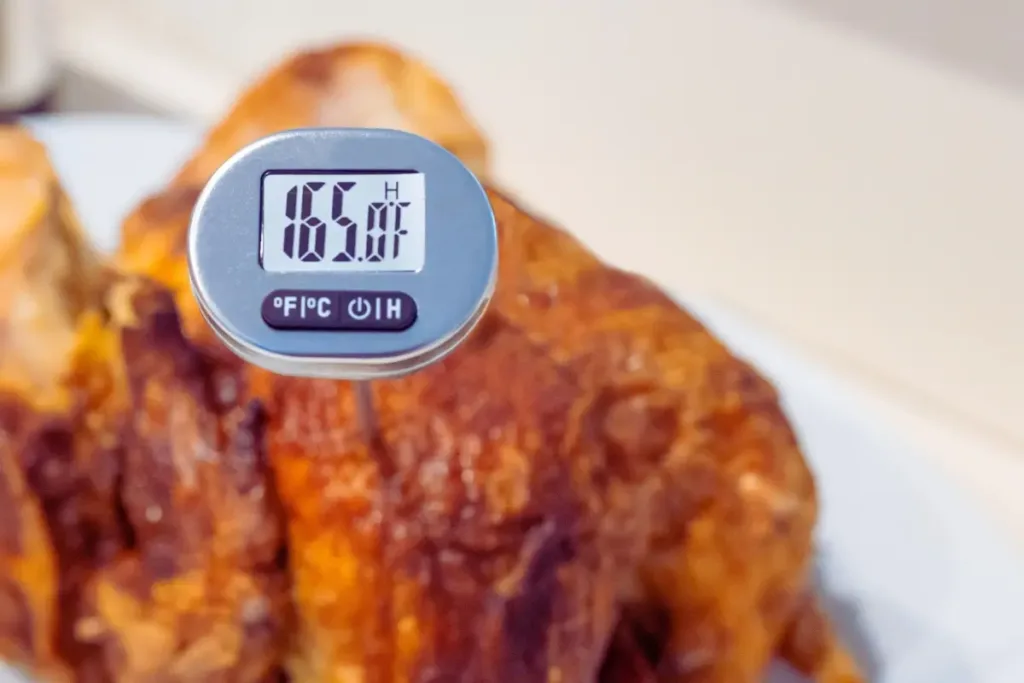 Meat thermometer showing 165°F in baked chicken breast.