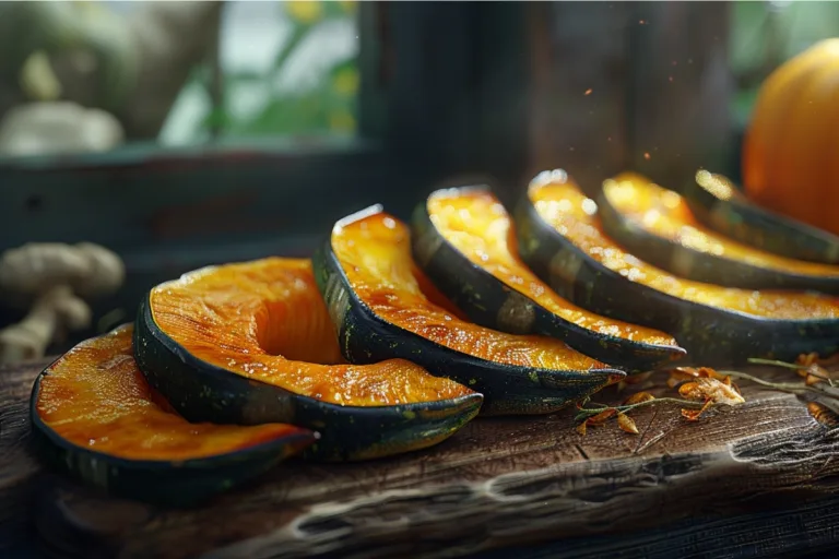 Freshly softened kabocha squash halved and prepared for slicing on a wooden cutting board