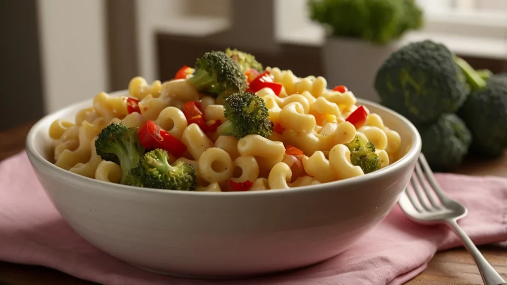 Mac and cheese with vibrant vegetables