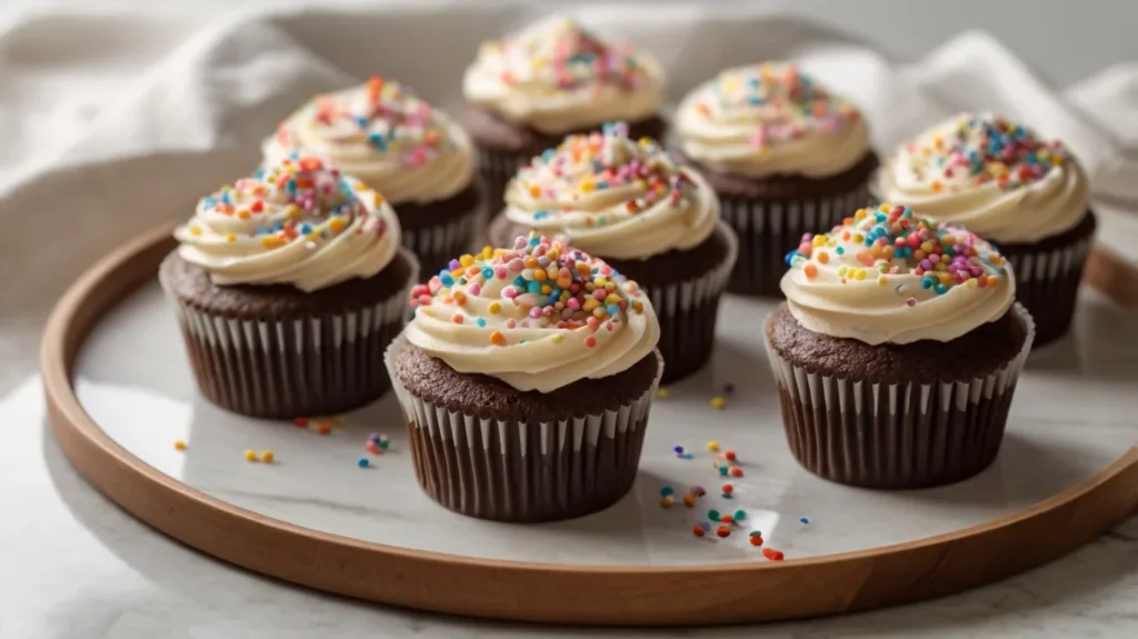 Chocolate cupcakes with vanilla frosting and colorful sprinkles