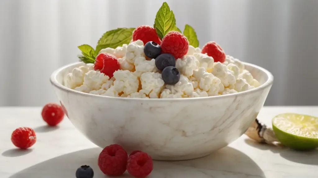 A bowl of cottage cheese on a marble surface