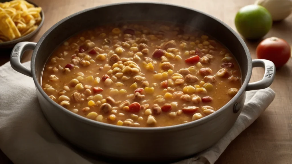 Simmering pot of white turkey chili