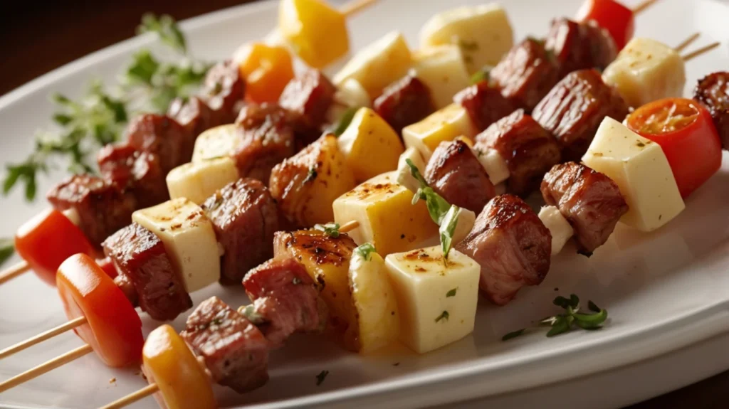 Cheese and meat skewers