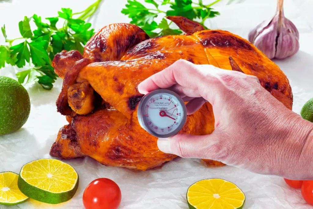 Golden-brown roasted chicken with crispy skin on a wooden cutting board.