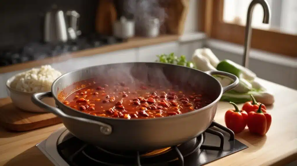 A simmering pot of chili on the stove