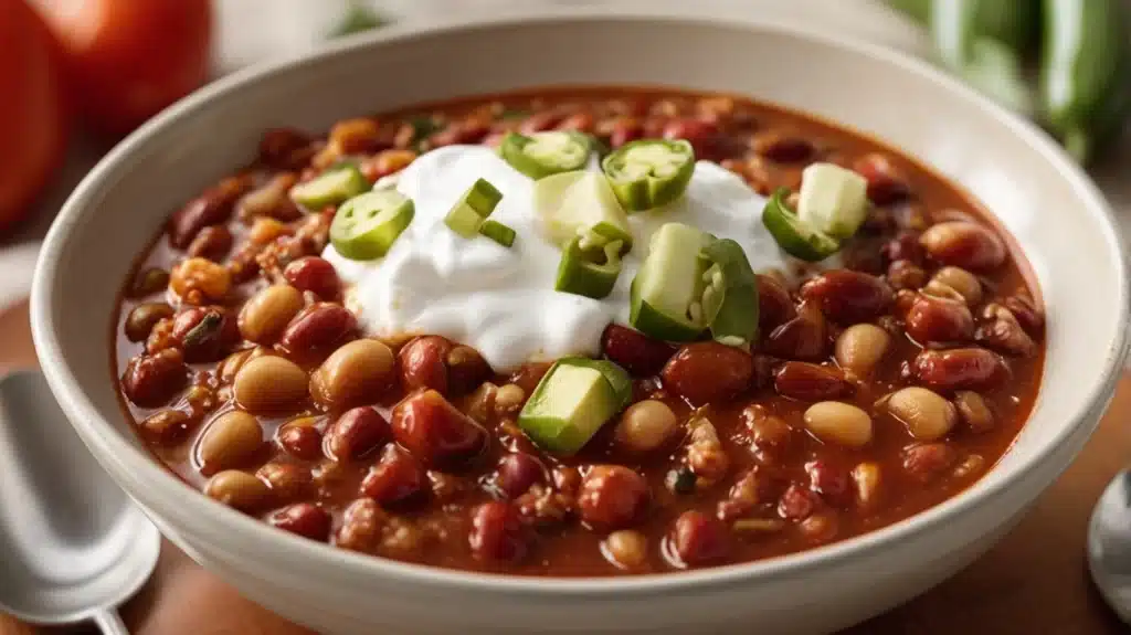 A bowl of bean-free chili with garnishes