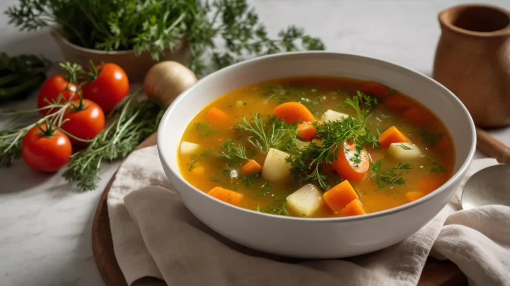 Making delicious soup with fresh herbs