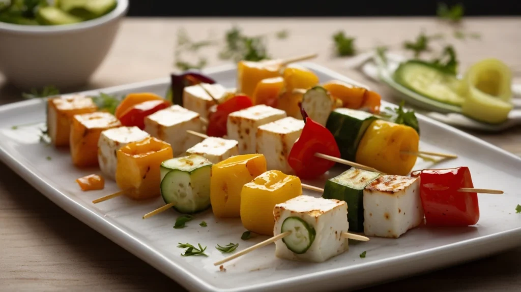 Paneer cubes on skewer for grilling