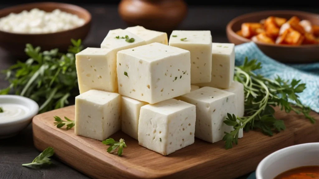 Slices of paneer cheese