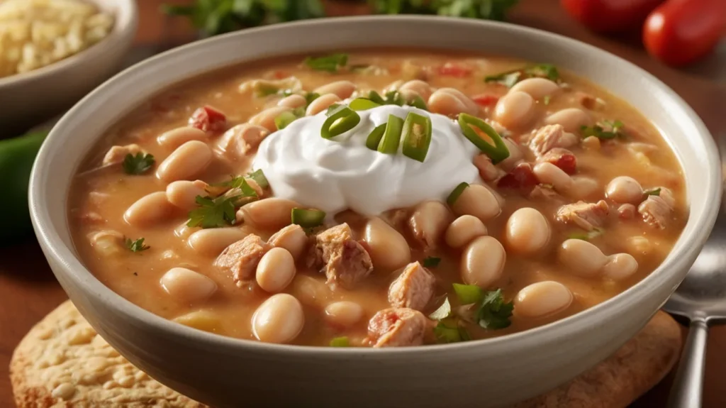 Close-up of white bean turkey chili