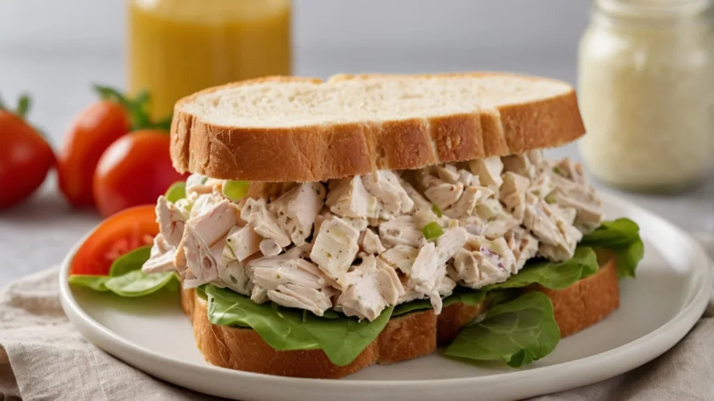 Homemade chicken salad in a sandwich.