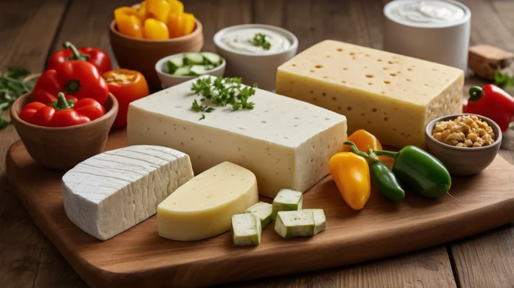 Various grilling cheeses on a wooden board