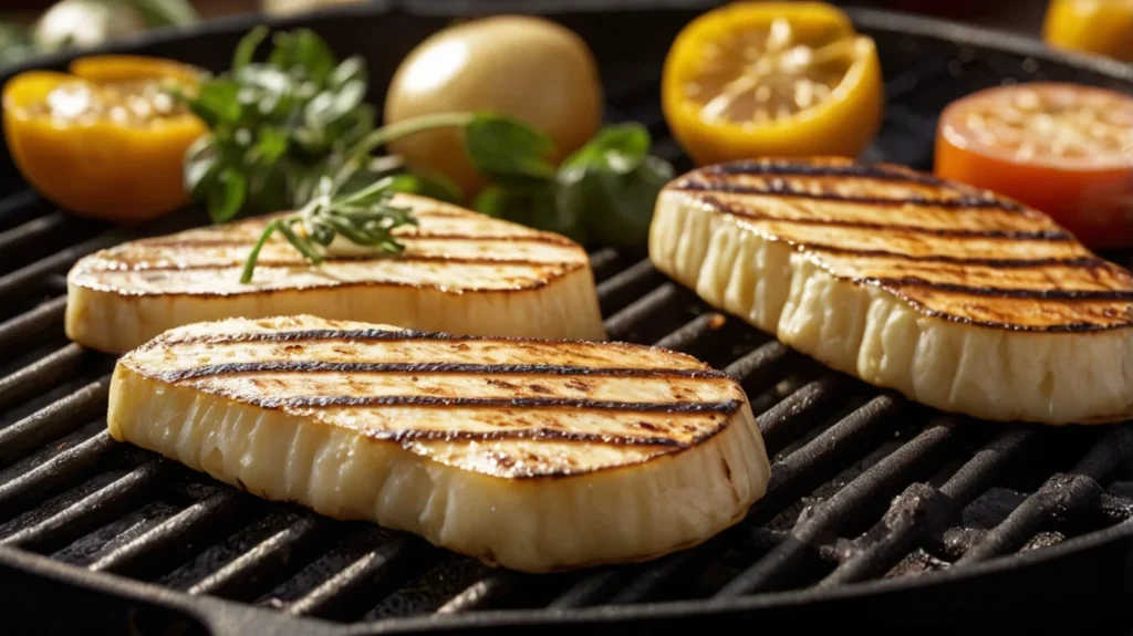 Grilling halloumi cheese on a grill pan