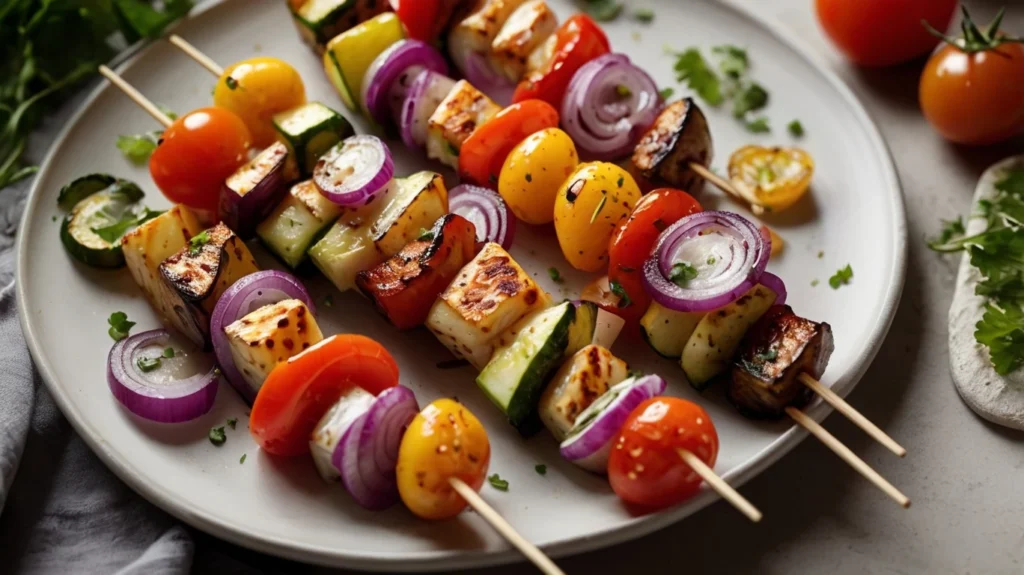 Grilled halloumi skewers with vegetables