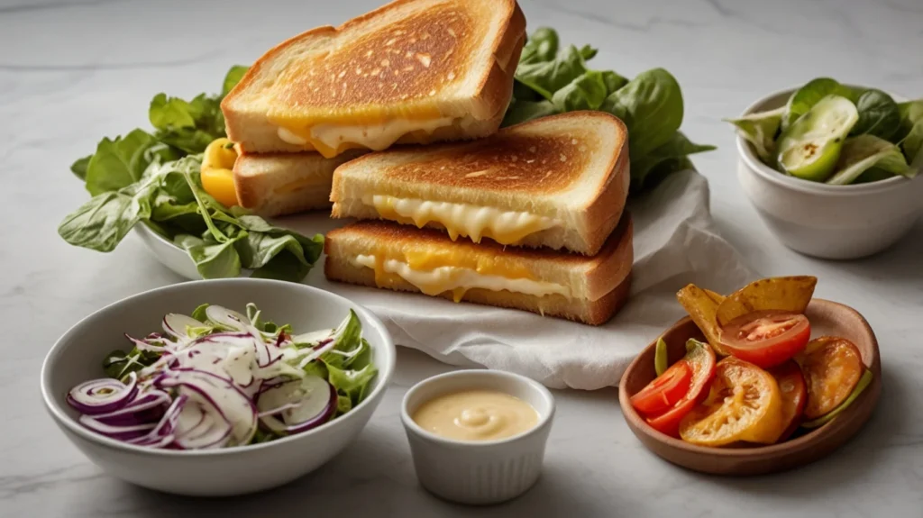 Grilled cheese with a fresh salad & sauce