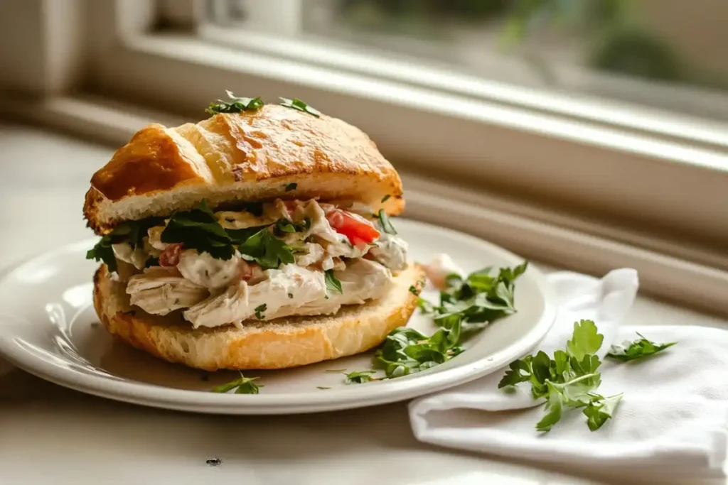 Chicken salad on bread with garnishes