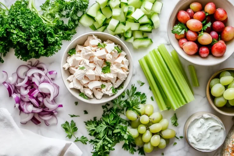 Close-up of chicken salad ingredients