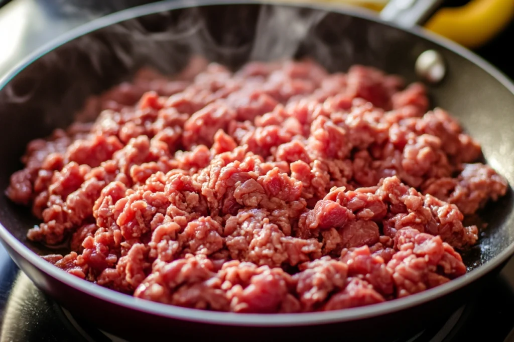 Ground beef browning for easy taco soup.