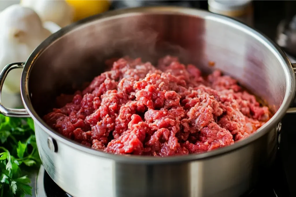 Ground beef browning for taco soup