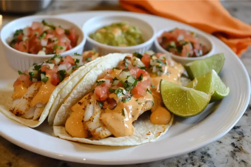 Fish tacos with sauces and salsas