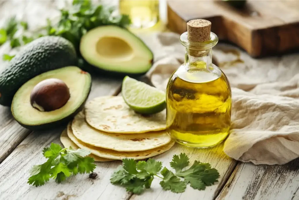 Avocado oil bottle with fresh ingredients