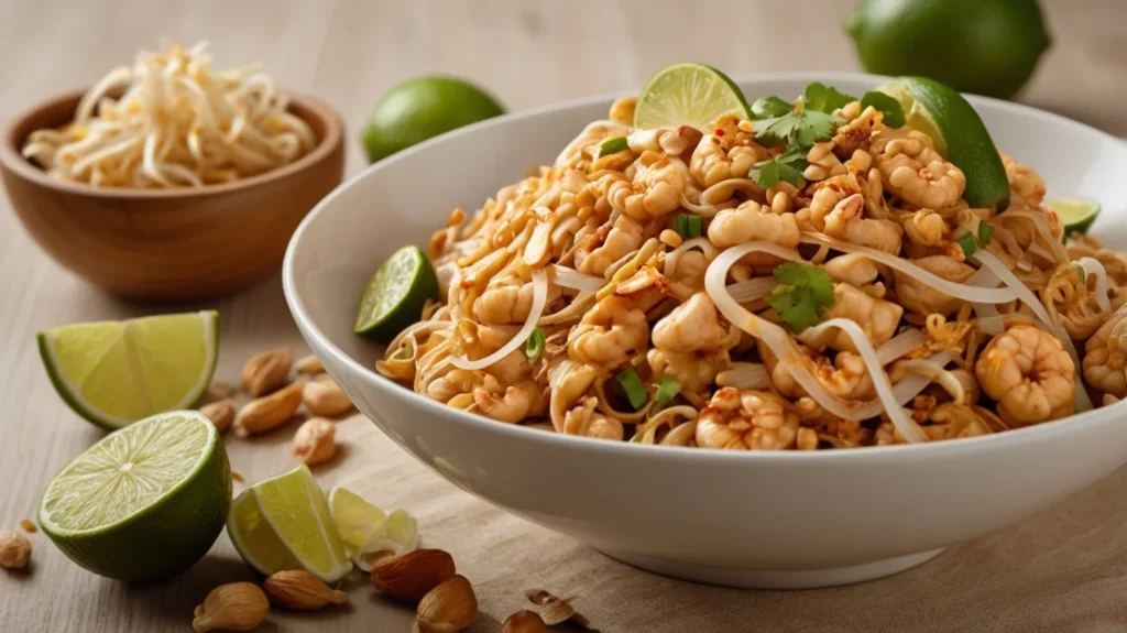 A colorful bowl of Pad Thai noodles