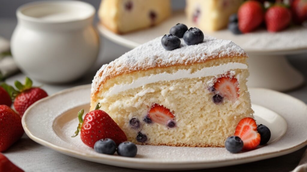 Fluffy cloud cake with fresh berries and powdered sugar, light and airy dessert perfect for any occasion.