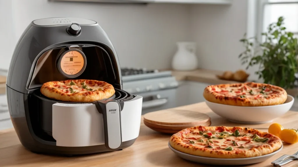 Air fryer with frozen pizza inside