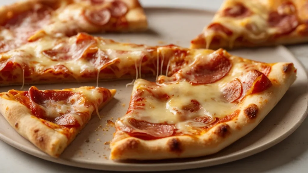 Close up of a pizza being loaded into the air fryer