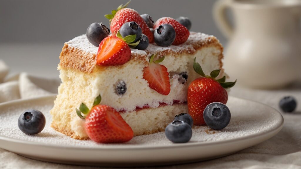 Close-up of a slice of fluffy cloud cake with fresh berries and powdered sugar, showcasing its light and airy texture.