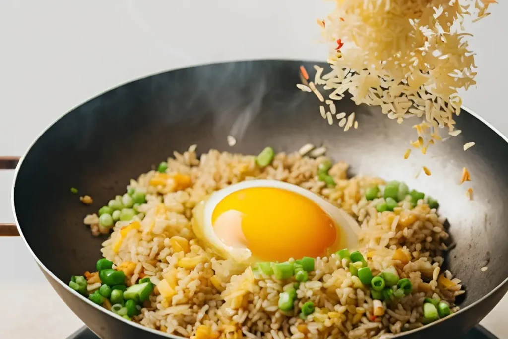 A wok with egg fried rice being tossed over high heat.