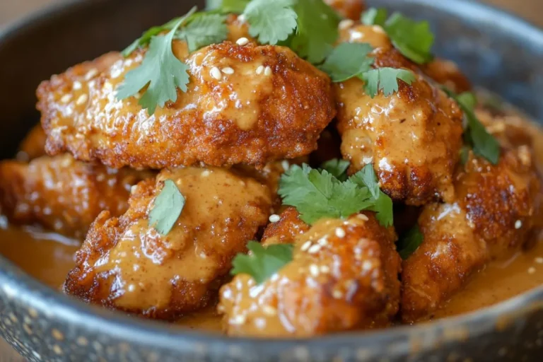 Creamy chicken with peanut butter sauce garnished with fresh cilantro