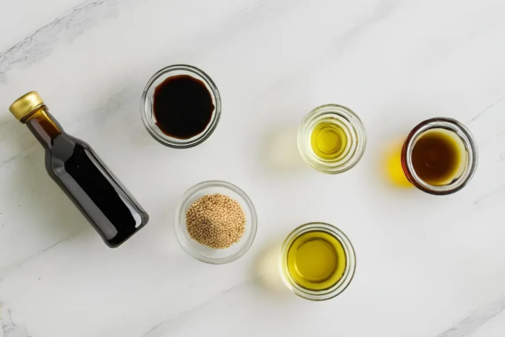 Soy sauce, oyster sauce, sesame oil, and seasonings arranged on a kitchen counter.