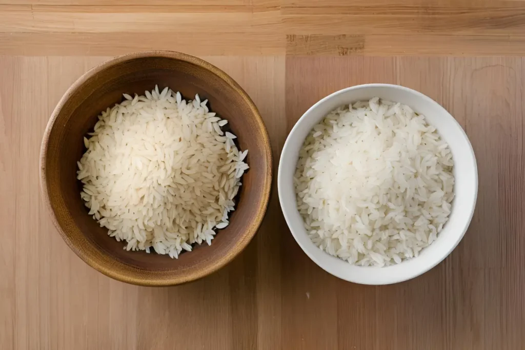 Uncooked Jasmine and Basmati rice side by side in bowls.