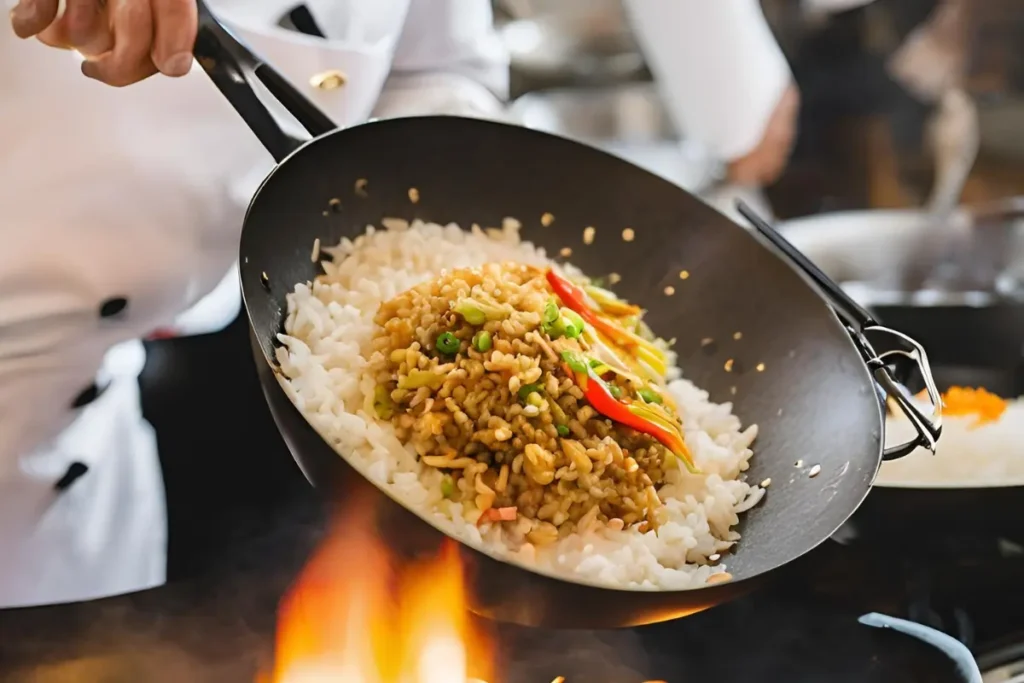 Chef tossing fried rice in a wok over high heat