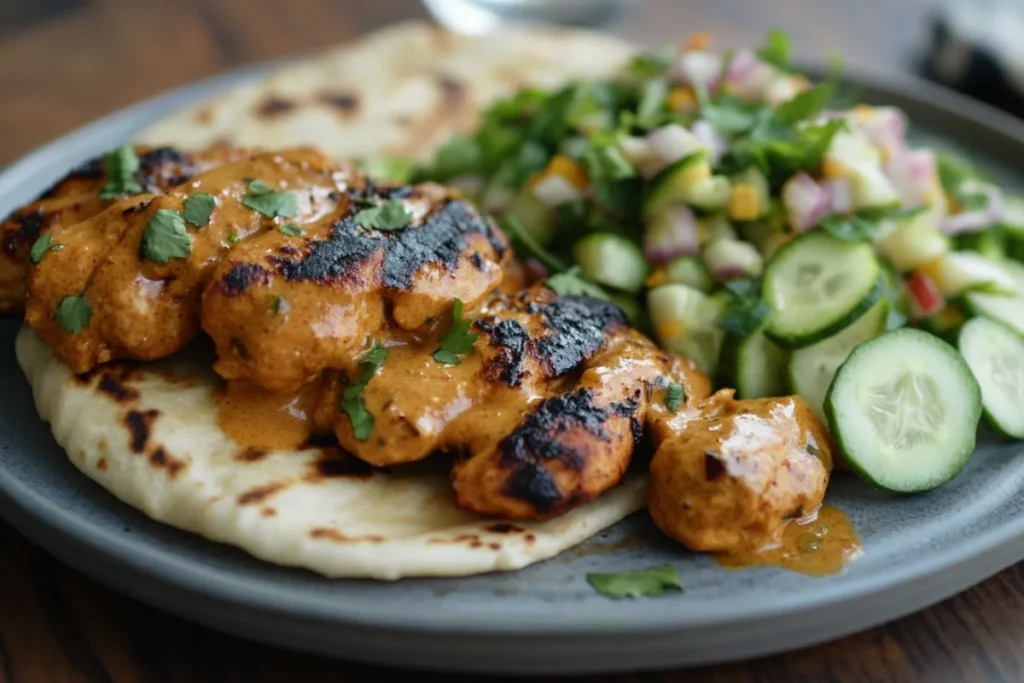 Peanut butter chicken with naan and cucumber salad on the side