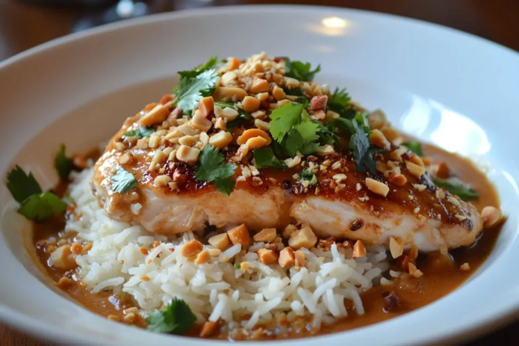 Chicken with Peanut Butter Recipe - Peanut butter chicken served over jasmine rice with fresh herbs